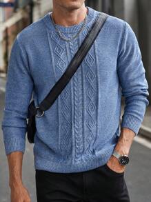 Manfinity Homme 男士圆领长袖简约针织毛衣，休闲日常穿着 - 藍色 - 查看 5