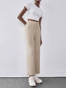 SHEIN Unity High Waisted Slimming Wide Leg Knit Pants With Tie Up, Versatile Elegant Palazzo Pants For Women - Apricot - View 3