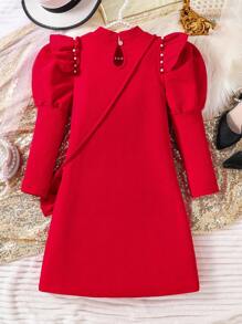 青少年女孩优雅珍珠泡泡袖 A 字裙配蝴蝶结包包装饰，秋冬装，适合圣诞节 - 酒紅色 - 查看 2