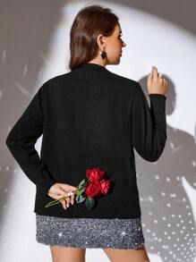 SHEIN Clasi كارديجان أسود بأكمام طويلة وأزرار قلب، مقاسات كبيرة، للربيع وعيد الحب