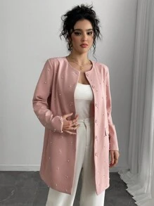SHEIN Unity 女士简约休闲纯色仿珍珠夹克 - 粉色 - 查看 3