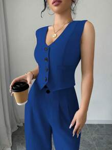 Conjunto de chaleco sin mangas y pantalones - azul real - Ver 4