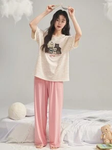 DAZY Ensemble Top rayé imprimé animal mignon et pantalon de pyjama droit et ample
