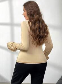 SHEIN Privé Plus Size Women Elegant Square Neck Solid Color Comfy Casual Pullover Knitted Top, Trumpet Sleeve, Suitable As Baselayer Or Outerwear Layer - Apricot - View 3