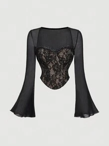 SHEIN MOD 女士甜心领长袖蕾丝拼接休闲T恤外出上衣新年除夕新年上衣