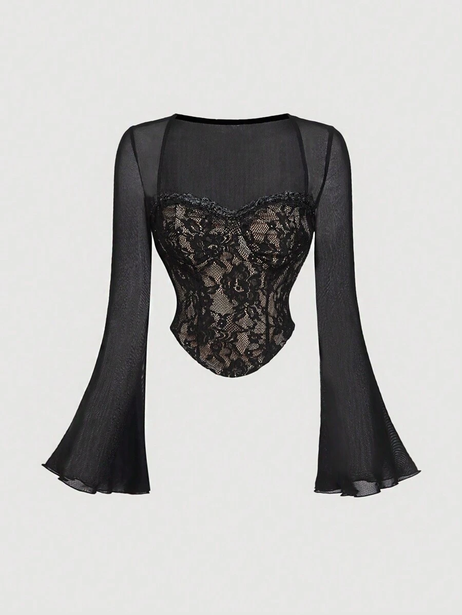 SHEIN MOD 女士甜心领长袖蕾丝拼接休闲T恤外出上衣新年除夕新年上衣