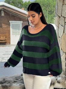 SHEIN EZwear 大码休闲拼色条纹落肩宽松毛衣，秋冬 - 藏蓝色 - 查看 3