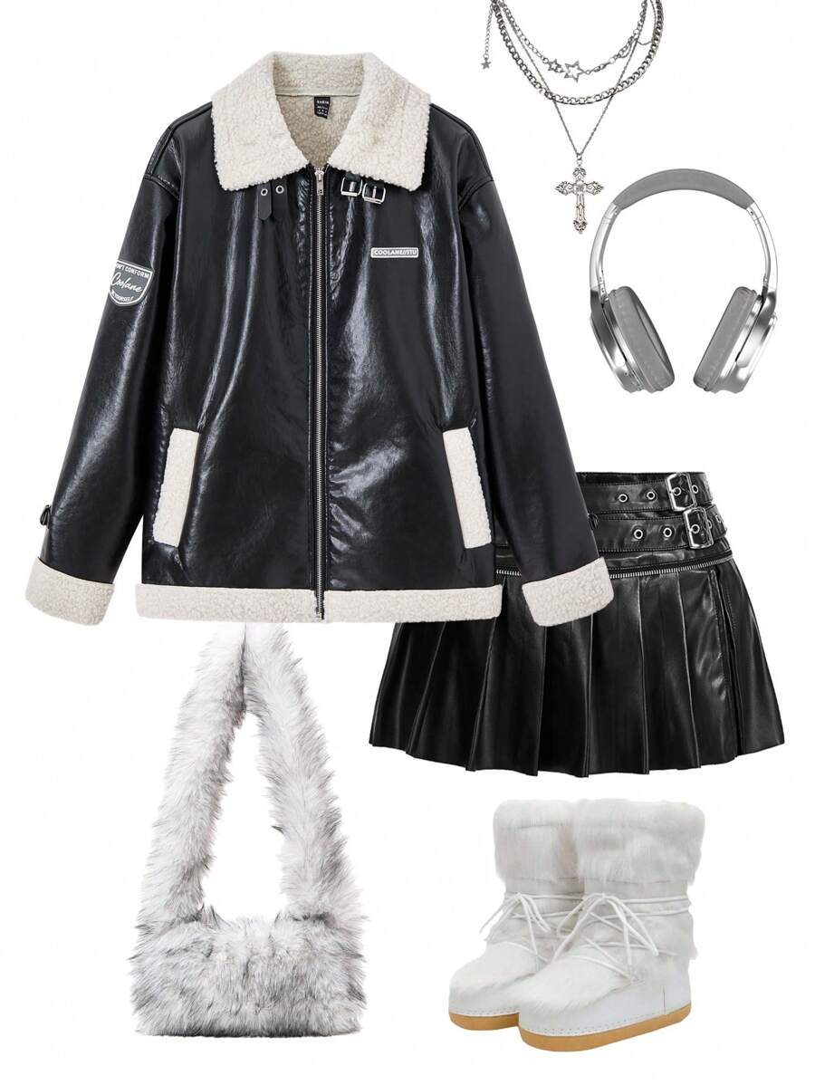 SHEIN EZwear 女士日常街头风拉链翻领 PU 博格夹克，带羊毛保暖 - 黑色 - 查看 1