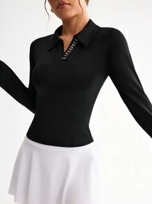 Easithlete Women's Letter Print Turn-Down Collar Long Sleeve Casual Fitness Sports Polo Shirt - Black - View 5