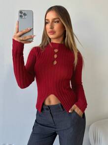 Aloruh Women's Autumn And Winter Sweaters, Elegant Business Commuting, Casual And Simple Inner Sweaters, Burgundy Knitted Tops, Solid Color Turtleneck Sweaters, Warm Christmas Red Sweaters,Angola Red Hollow-Out Open Slit Fitted Long Sleeve Sweater New Years Women Tops