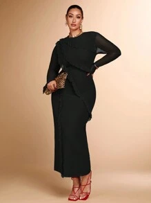 SHEIN BAE Vestido de manga larga de malla ajustado con cuello redondo, color rojo sólido, diseño de volantes multicapa, adecuado para fiestas de cócteles, citas románticas, vestido de punto de otoño e invierno, fiesta, evento formal, boda, dama de honor, cena, Halloween, Navidad, tallas grandes