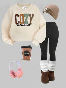 SHEIN Leap Crew 舒适季节彩色字母、卡通字母、做旧纹理、西部牛仔、温暖、杏色、黑色紧身裤、漂亮的宝宝、妈妈、爸爸和我、我爱我的家人、美好的家庭、派对、女婴 2 件套厚圆领运动衫和紧身裤，适合秋冬季 - 彩色 - 查看 1