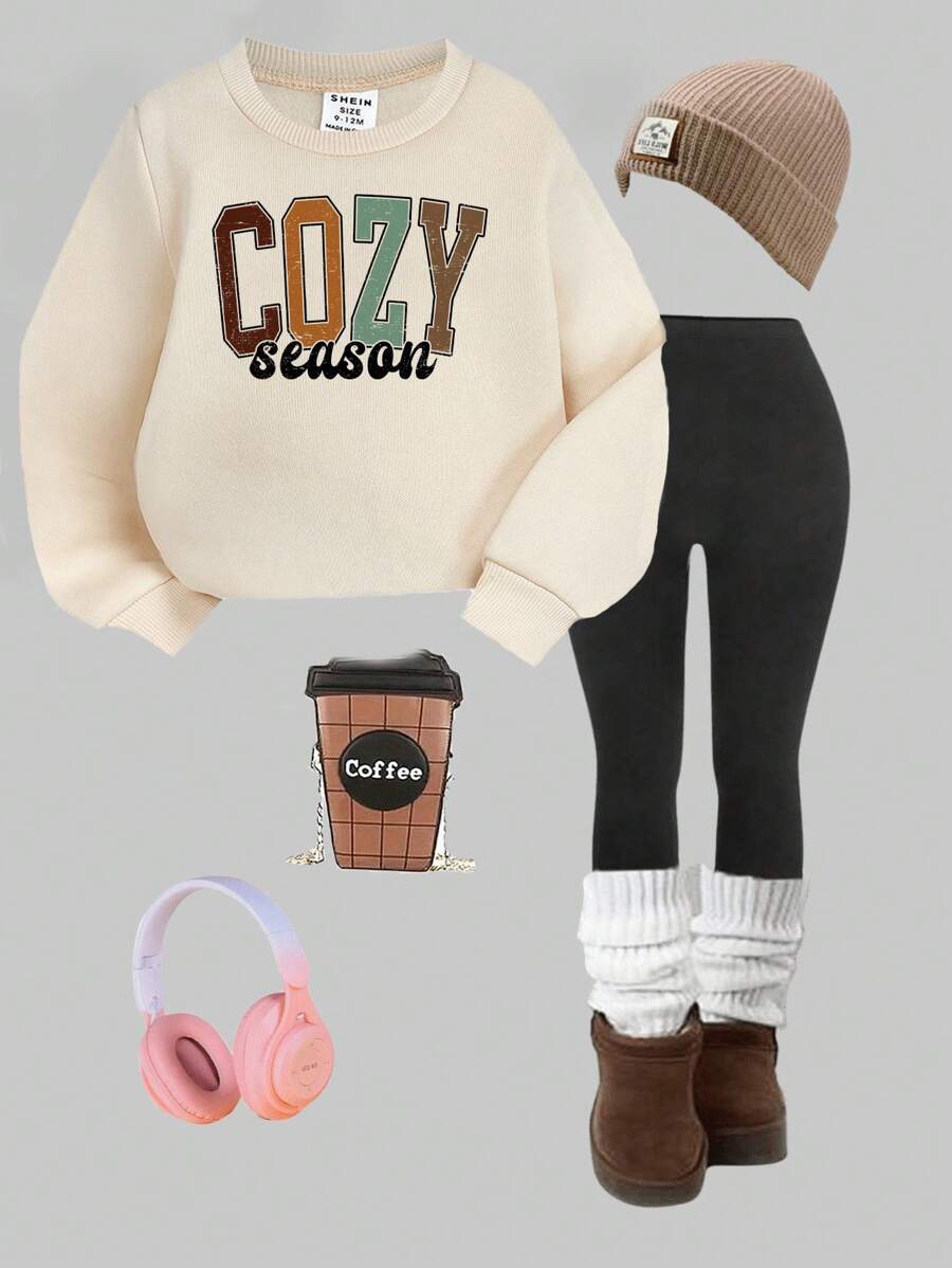 SHEIN Leap Crew 舒适季节彩色字母、卡通字母、做旧纹理、西部牛仔、温暖、杏色、黑色紧身裤、漂亮的宝宝、妈妈、爸爸和我、我爱我的家人、美好的家庭、派对、女婴 2 件套厚圆领运动衫和紧身裤，适合秋冬季 - 彩色 - 查看 1