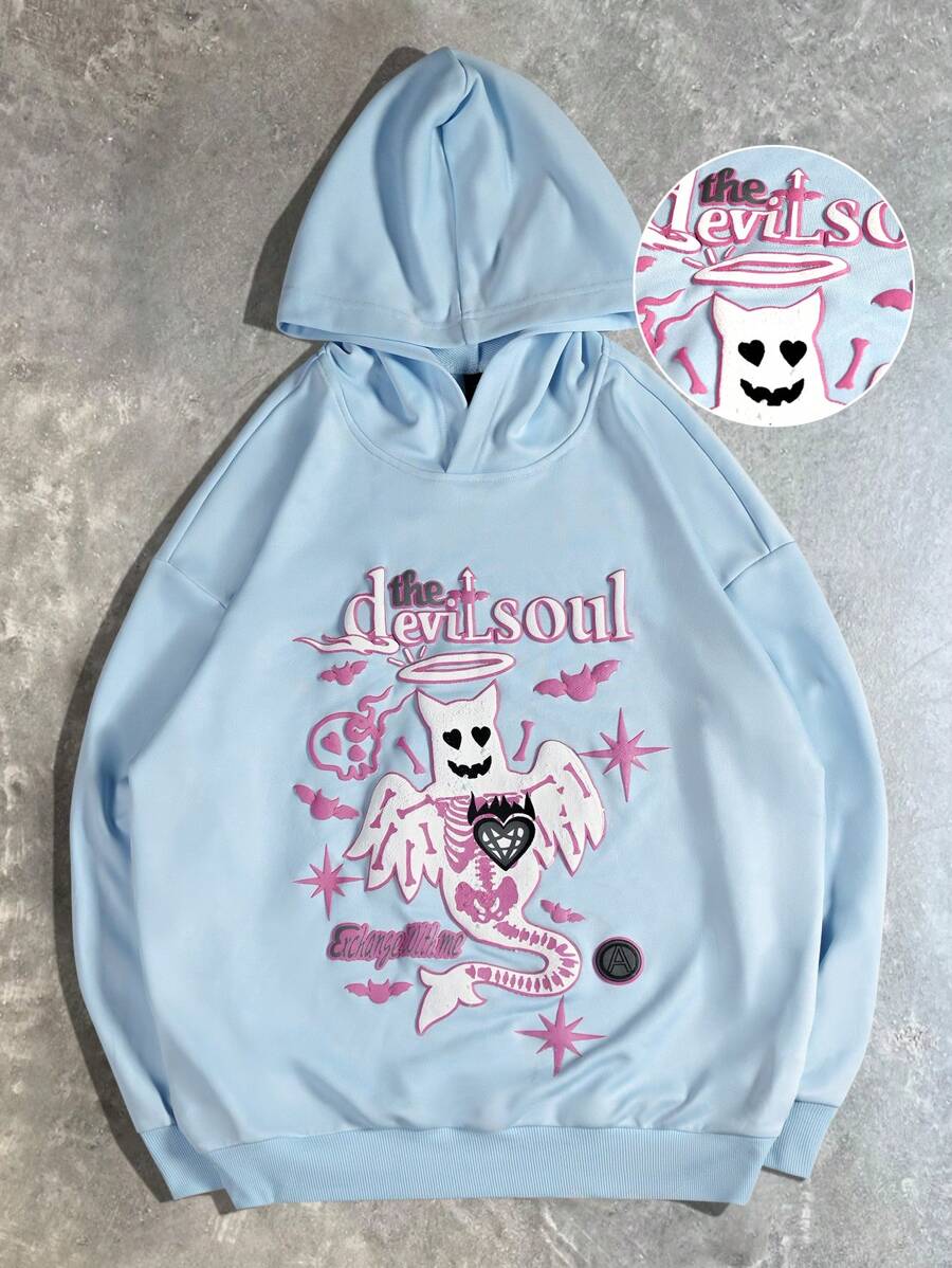 Manfinity EMRG Men's Letter & Cartoon Devil Print Hooded Sweatshirt Long Sleeve Hoodie, For Friends, Husband, Boyfriend Gifts - Blue - View 1