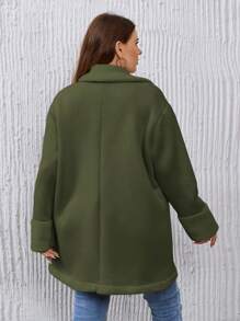 SHEIN Essnce 大码女式纯色翻领双排扣长袖休闲夹克，秋冬 - 綠色 - 查看 2