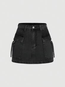 SHEIN MOD 女士工装口袋短款休闲牛仔迷你裙