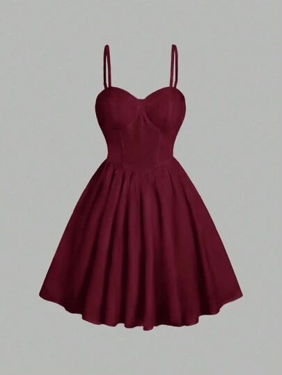 Sweetra 女士纯色褶皱优雅吊带背心迷你连衣裙 酒红色女装
