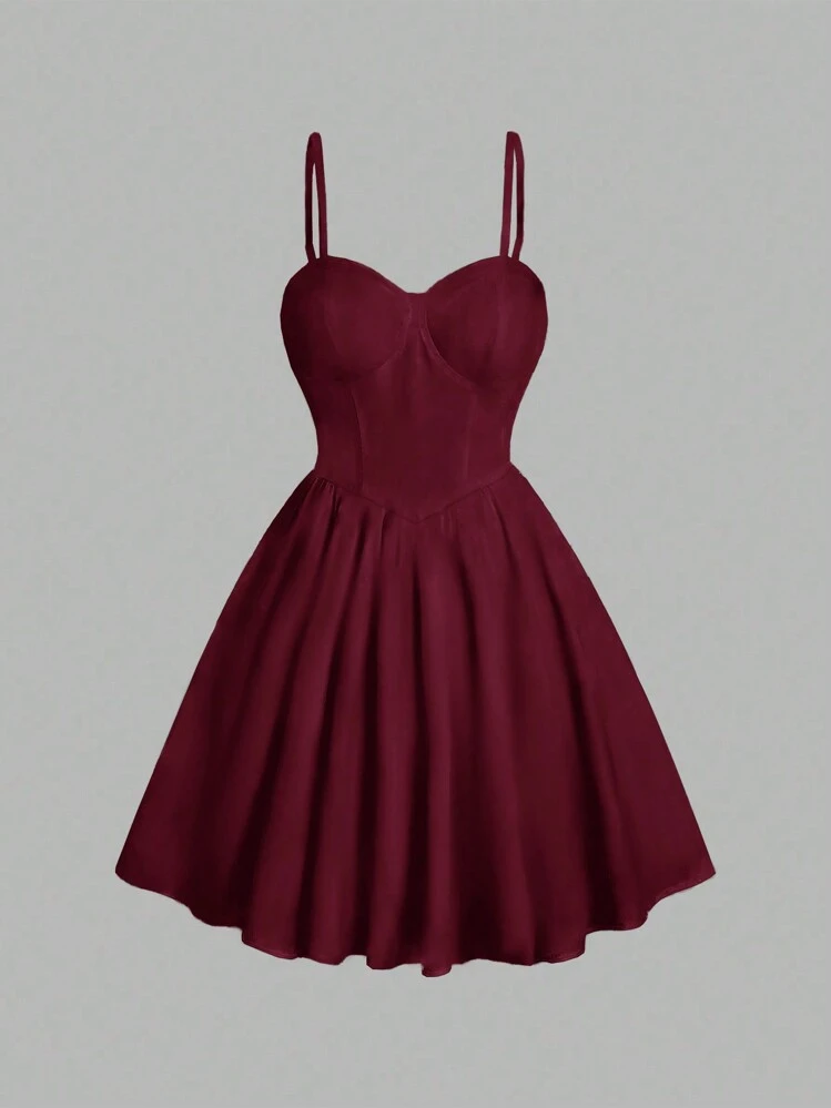 Sweetra Vestido Curto Elegante Canelado com Cor Sólida para Mulheres, Cor Bordô - Vinho - Visão 1