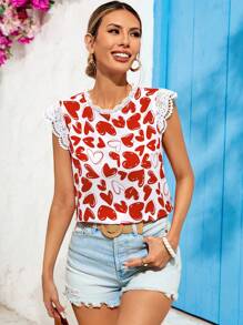 Vivid Eden Valentine's Day Cute Heart Printed Blouse, Cap Sleeve Blouse, Lace Collar,Vacation Outfit,Summer Outfits For Women