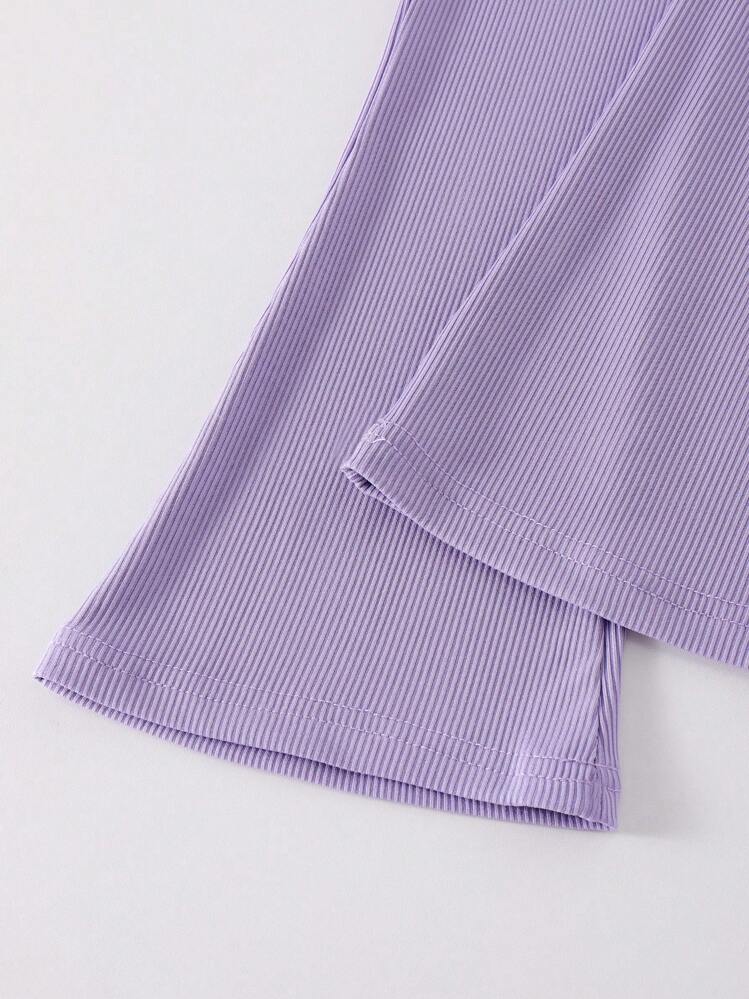 Elladie kids Young Girl Set Waffle Knit Strawberry Decor Top + Flared Long Pants, Sweet Lovely Casual Outfit For Spring/Autumn - Mauve Purple - View 4