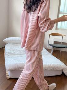 DAZY Simple Stripe Print Long Sleeve Loose 2pcs Women Spring Lounge Set Pajama - Pink - View 2