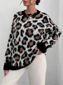 EURMUSE Women Round Neck Leopard Print Soft Touchdrop Shoulder Loose Sweater Pullover