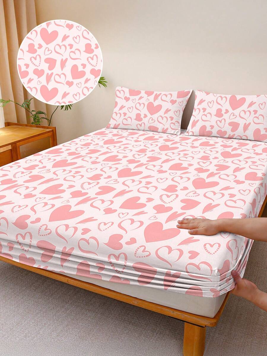 1pc Bedsheet, Bedding, Mattress Protector, Bed Cover, Comfortable Home Textile, Breathable Anti-Pilling Mattress Protector, Geometric Pattern Bed Cover, Home Decor, Suitable For All Bed Sizes - Twin, Full, Queen, King, All Seasons, Dust-Proof Bed Cover, Excluding Pillow And Pillowcase - Pink - View 1