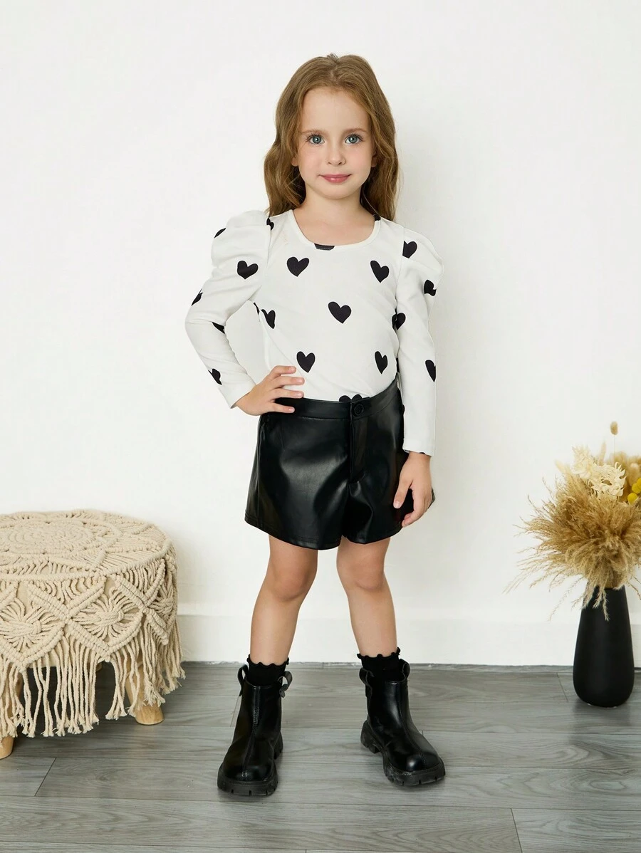 SHEIN 2pcs Young Girl Heart Pattern Knit Gigot Sleeve Top And Woven Solid PU Leather Shorts Set - Black and White - View 1
