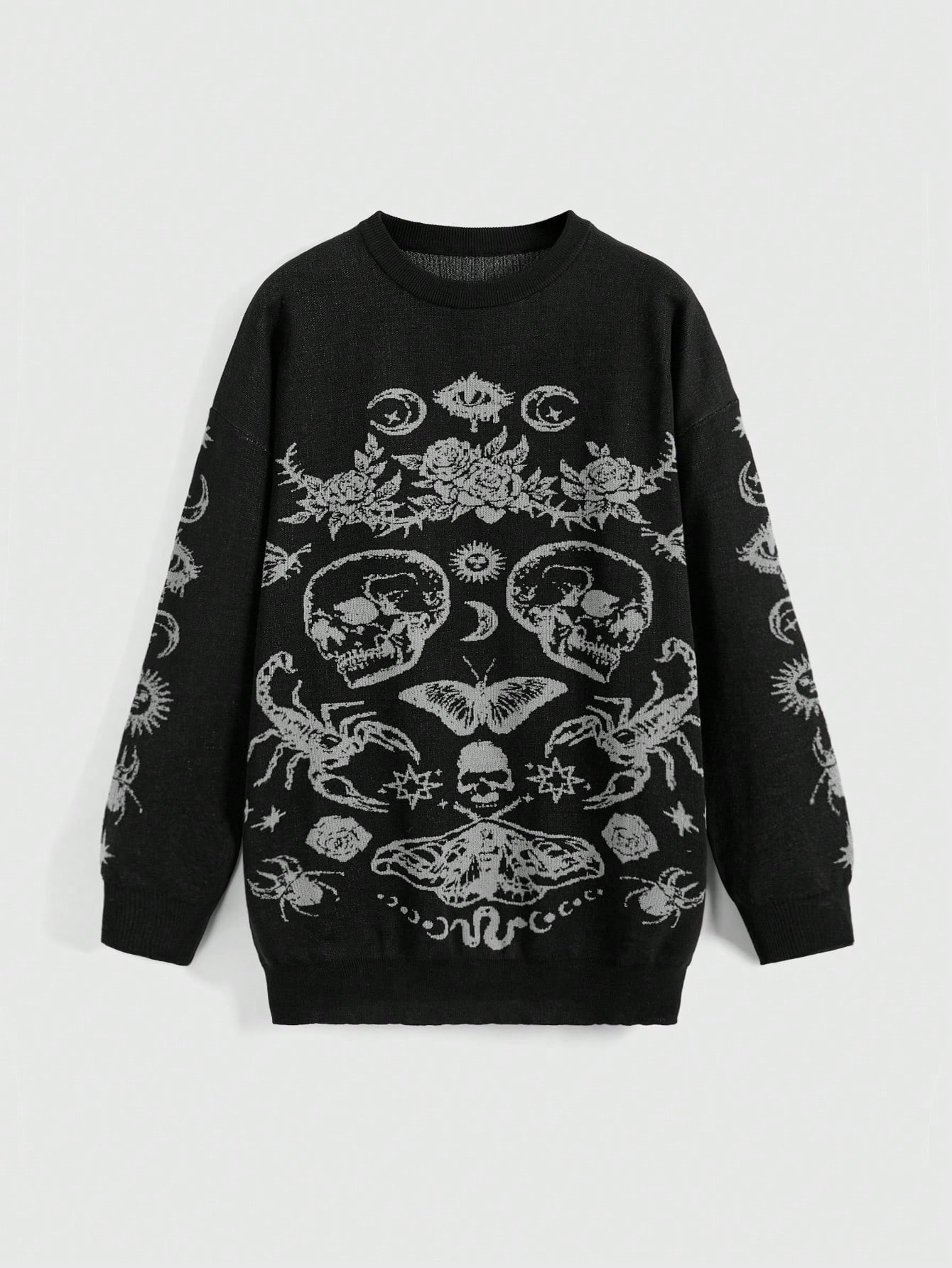 Our Dark Gothic Plant & Skull Intarsia Pattern Women Loose Fit 