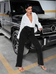 EURMUSE 100%Cotton Straight Leg Water Washing Jeans - Black - View 4