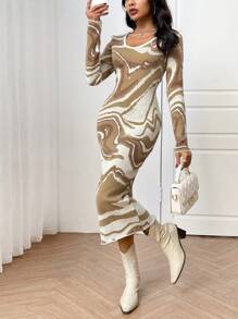 Modelyn Women Marble Pattern Round Neck Long Sleeve Bodycon Sweater Dress, For Autumn/Winter