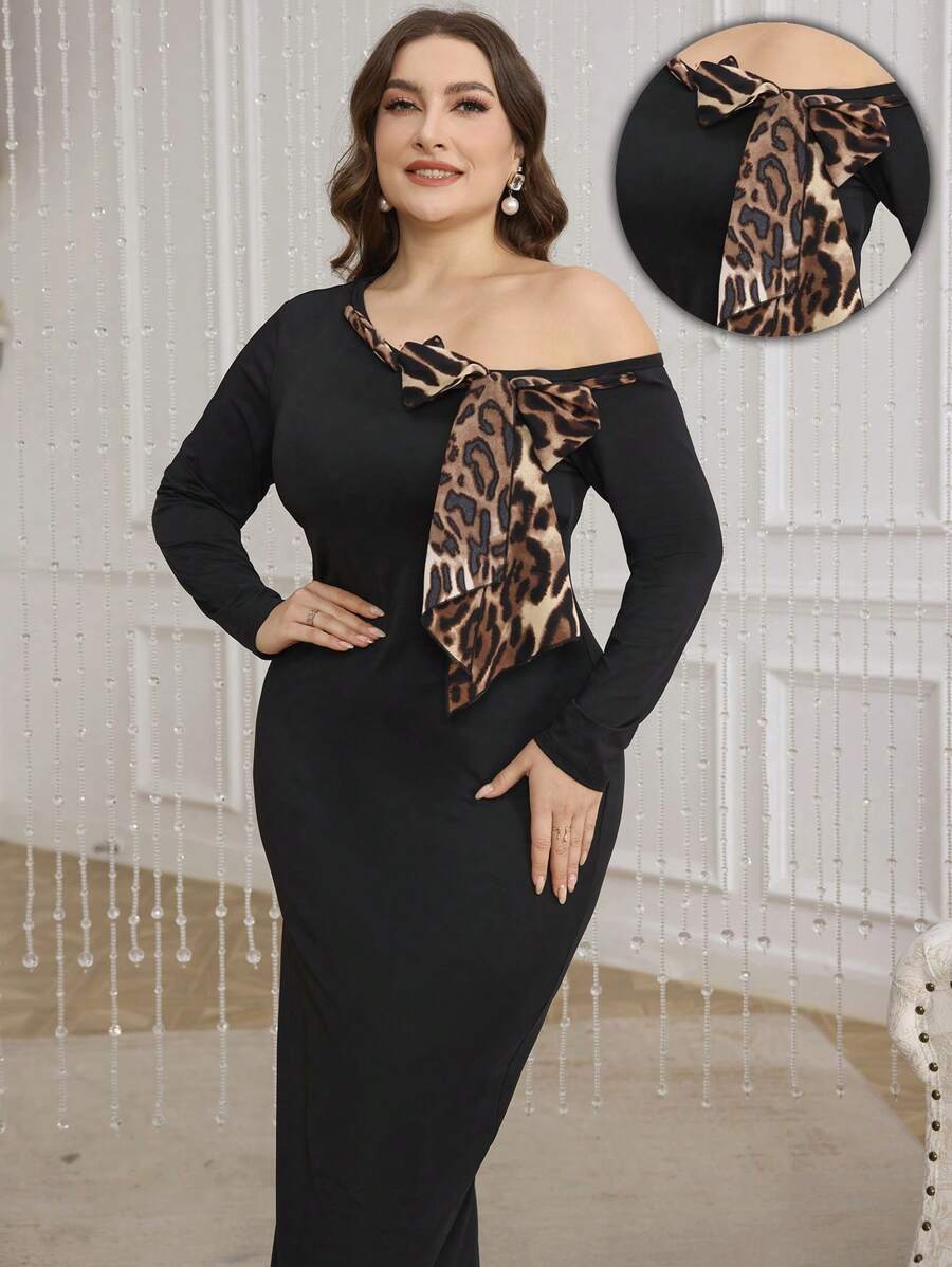 Modelyn 大码优雅拼接豹纹不对称肩部连衣裙，秋季 - 彩色 - 查看 1