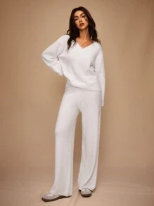 Forever 21 Quần dệt kim trơn màu thường ngày cho nữ, Thu/Đông - trắng - Xem 5