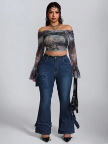 SHEIN ICON Quần jeans ống loe co giãn màu xanh đậm thời trang giặt & giặt đá có nơ trang trí cho nữ - Rửa tối - Xem 5
