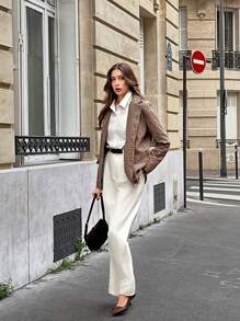 Chiquease 法式宽松格子西装外套，翻领仿口袋长袖女式西装外套，适合秋冬季