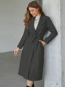 EURMUSE Women's Casual Solid Color Lapel Neck Long Sleeve Long Jacket For Winter - Dark Grey - View 5