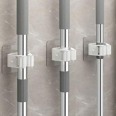 3/6 件重型拖把和扫帚支架壁挂式 - 无需钻孔强力夹子节省空间的车库、洗衣房、食品储藏室收纳架防锈塑料挂架，用于放置湿拖把、扫帚、花园工具多功能挂钩，用于清洁配件和家用小工具 - 浴室、厨房、棚屋存储解决方案