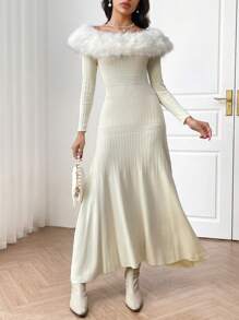 Modelyn Elegant Off Shoulder Fur Collar Sweater Dress For Autumn/Winter - White - View 3