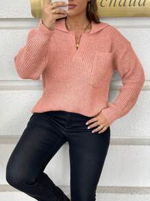 INAWLY Suéter holgado informal para mujer talla grande, de unicolor, con hombros caídos, empalmes, bolsillo y cuello en V, para el invierno