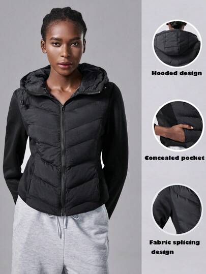 Lumivelle 女士冬季服装拉链领连帽休闲加厚棉服外套