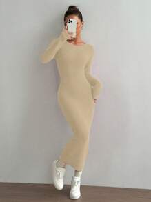 Flirla Women's Solid Color Long Sleeve Casual Sexy Bowknot Dress Fall Cloth For Women - Beige - View 3