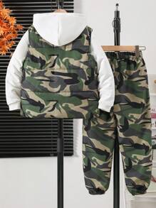 SHEIN Tween Boy Camo Print Zipper Vest Padded Coat & Pants Without Hoodie - Army Green - View 2