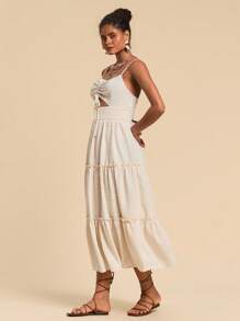 Travachic Women Dresses Memotong Kolor Ruffle Hem Plain Casual Boho - Aprikot - View 3