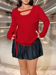 Calvaya 加大码红色长袖立体花卉针织上衣，新年秋冬针织套头衫 - 紅色 - 查看 7