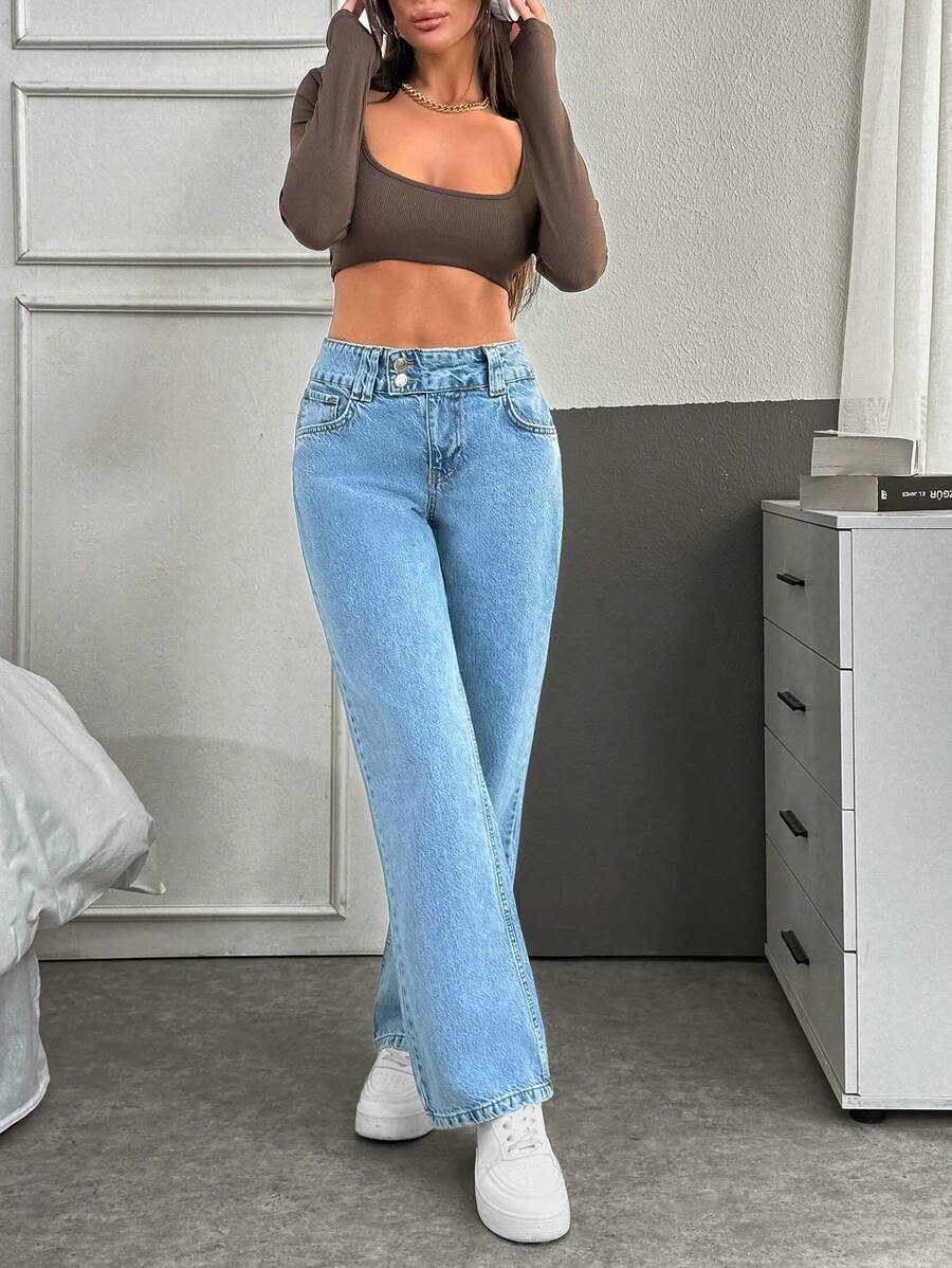 EURMUSE Low Waist Double Button Straight Jean - Light Wash - View 1