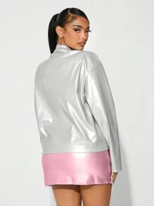 SHEIN SXY Bow Decor Minimalist Fashion Casual Lightweight Zipper Jacket,Leather Women Jacket,Winter Coat,Winter Women Coat,Winter Jacket,Pink