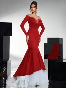 Glamrae Vestido de gala con corte sirena, con bloques de color en malla, adornado con diamantes, con dobladillo ajustado. Vestido informal de estilo gótico para boda/evento de noche, vestido para invitadas de boda, vestido de fiesta