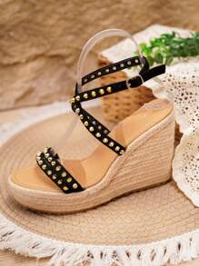 Fashionable Casual & Comfortable Riveted Wedge Platform Rope Sandals For Teenagers - Black - View 5