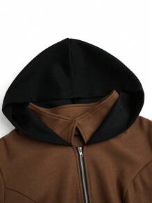 SHEIN Clasi 大码时尚简约休闲喇叭长款外套，V 领修身连帽大衣，女士秋冬款 - 棕色 - 查看 4