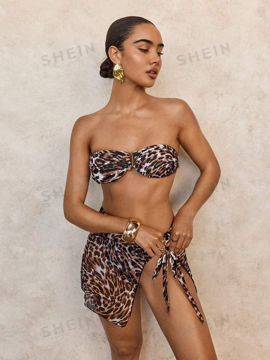 SHEIN Swim Conjunto de bikini con estampado de leopardo, hebilla metálica y diseño sexy para mujer, 2022